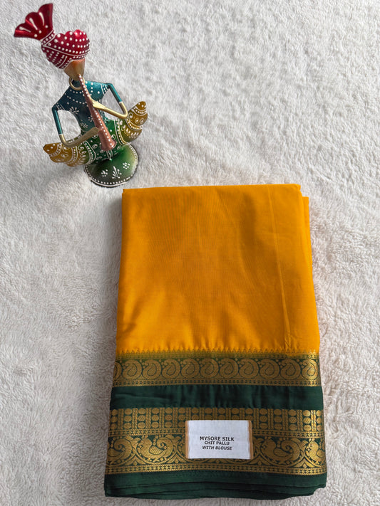 Yellow and Green Mysore Semi Silk Saree