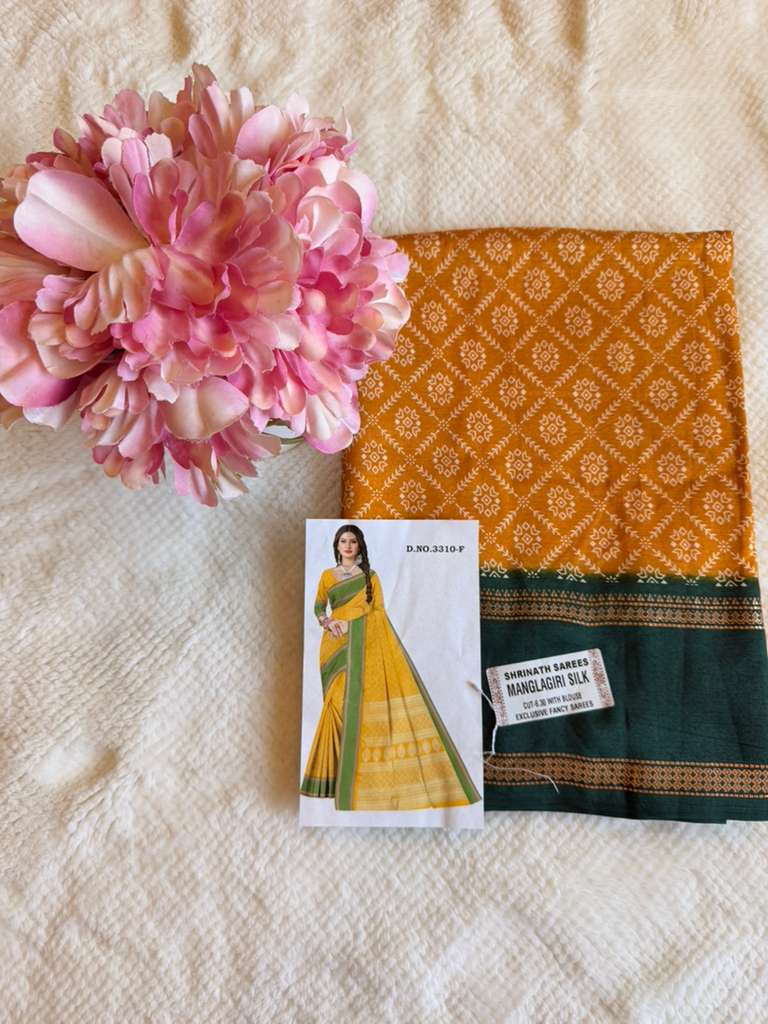 Yellow and Green Mangalagiri Semi Silk Saree