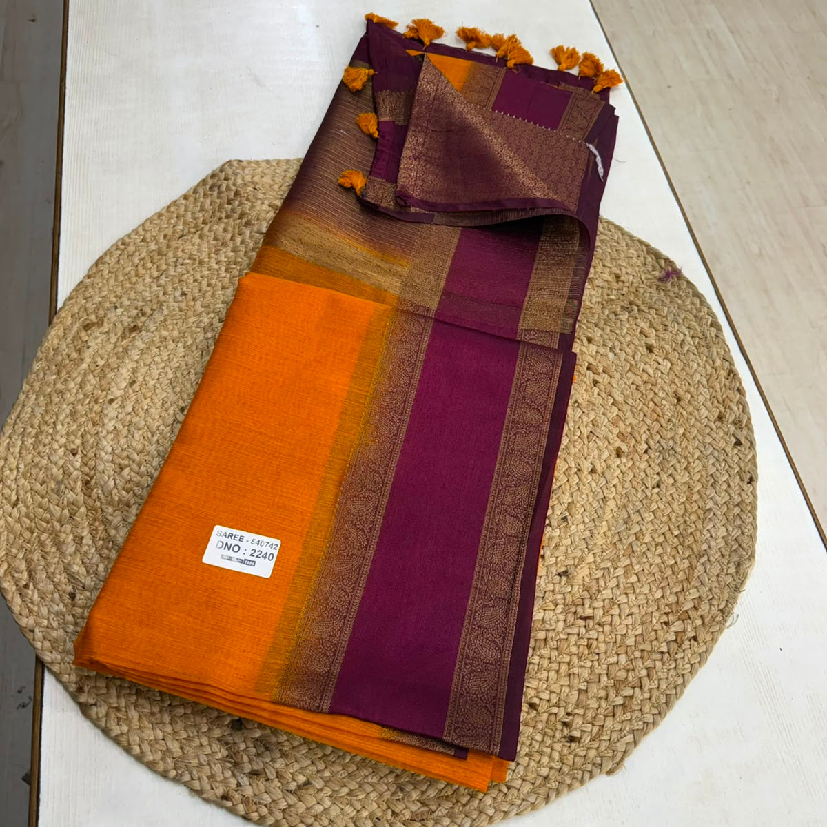 Mango Yellow and Maroon Retta Petta Semi Jute Silk Saree