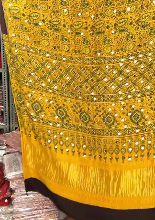 Yellow Mirror work Ajrakh Print Pure Dola Gajji Silk Saree