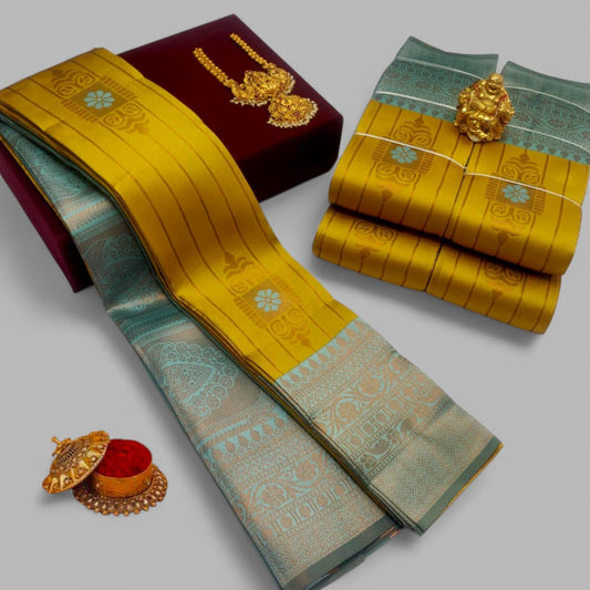 Yellow and Pista Kubera Soft Silk Saree