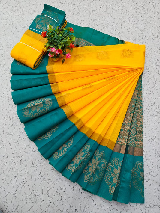 Yellow and Teal Uppada Kotanji Border Silk Cotton Saree