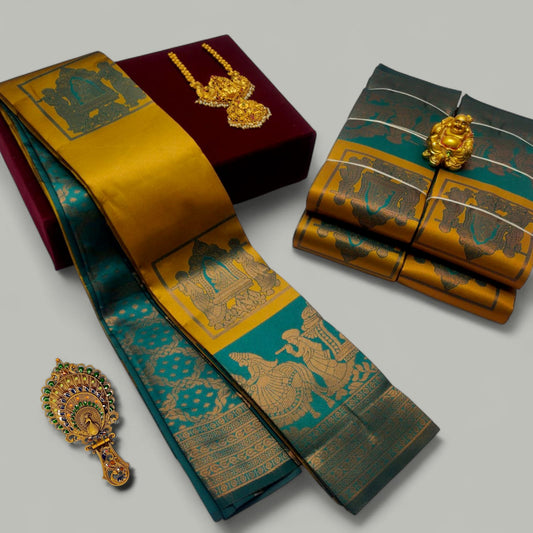 Yellow and Teal Pallakku DesignnKubera Soft Silk Saree