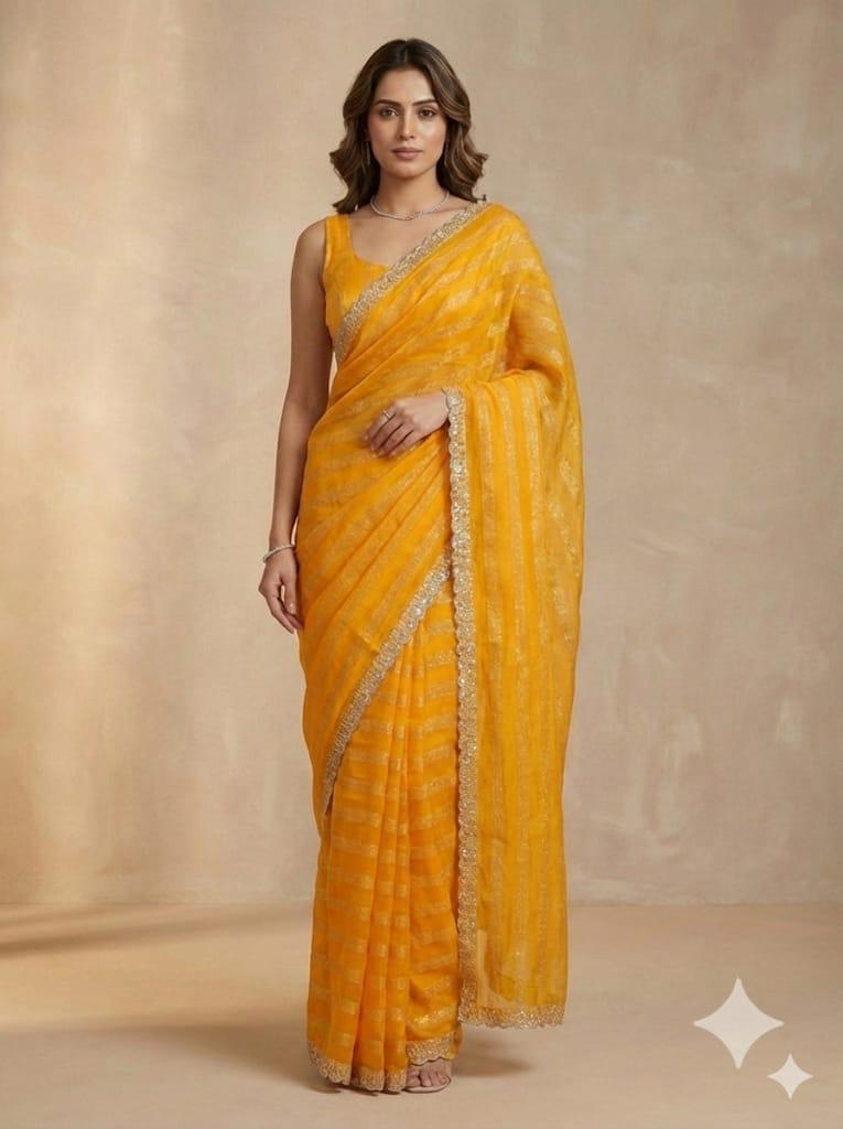 Yellow Space Silk Fancy Saree