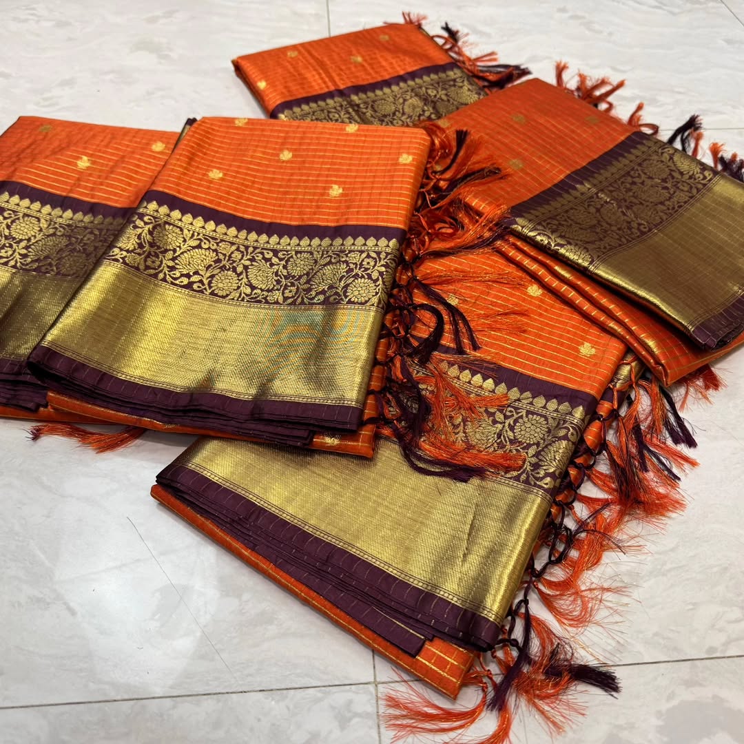 Orange and Brown Semi Kanchi Silk Saree