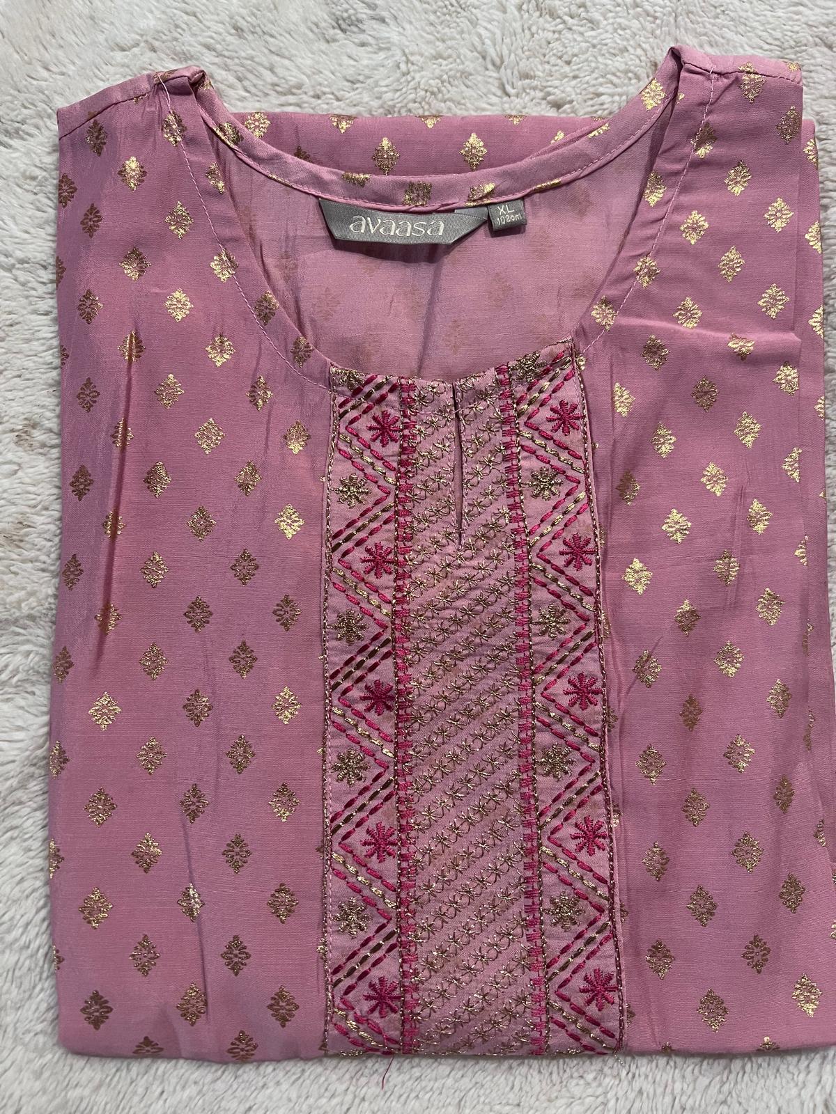 Pink with Embroidery and Gold Print Kurti
